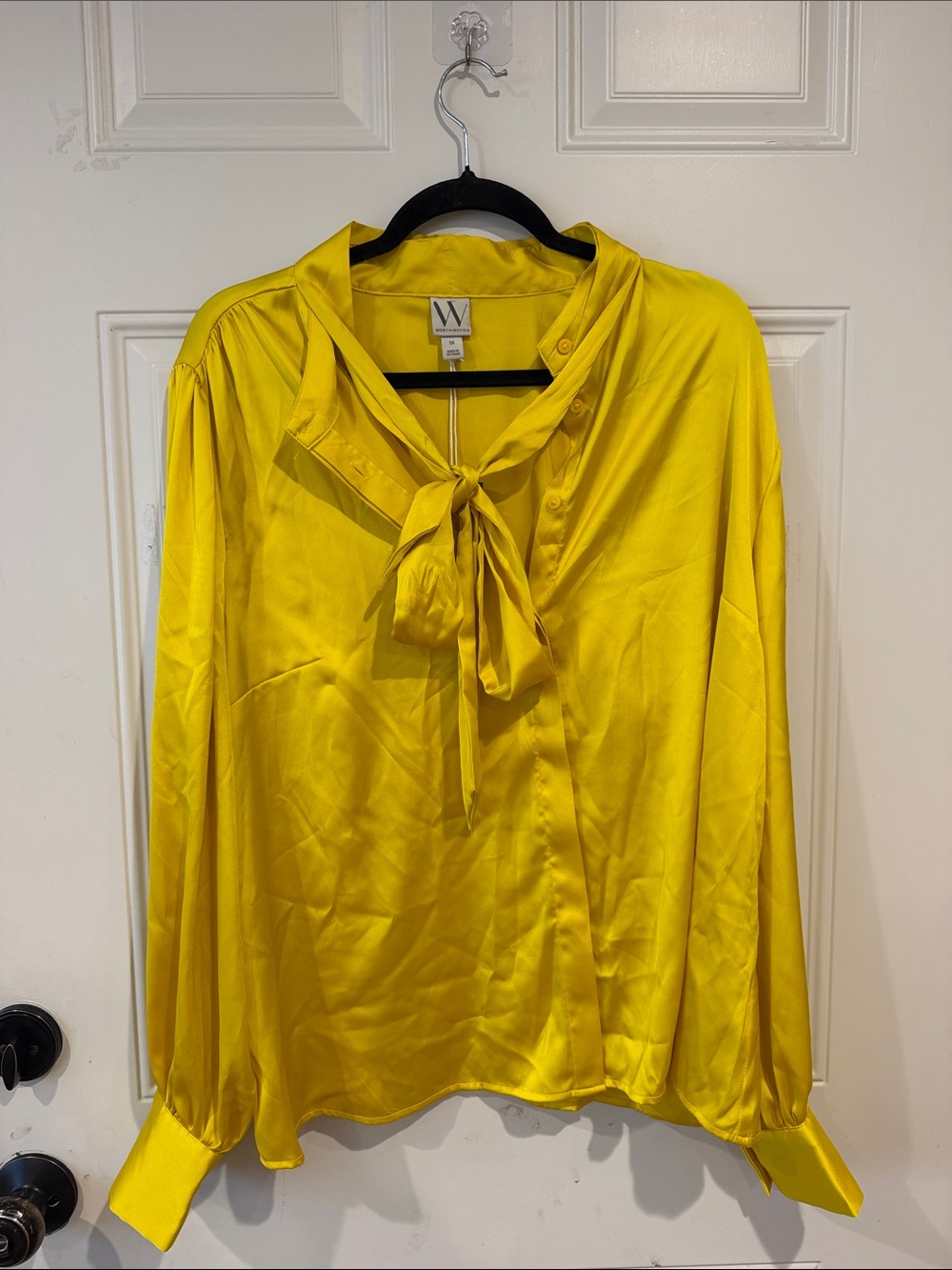 Worthington Bright Yellow Satin Tie-Neck Blouse